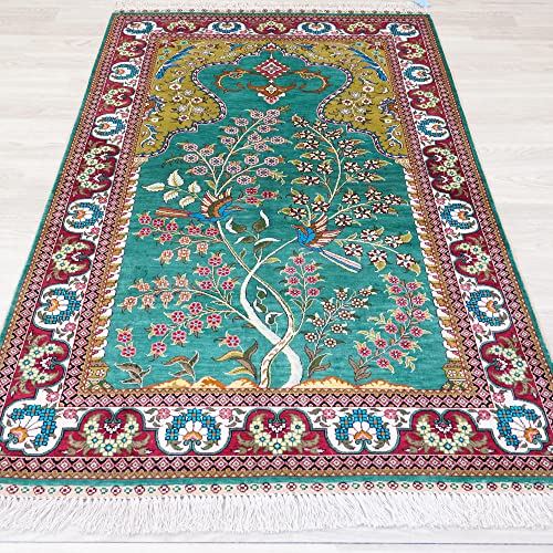 Yuchen Rug Prayer Silk Rug 3X5 Green Hand Woven Traditional Tree Vintage Luxury Silk Area Rug For Bedroom #TOP2