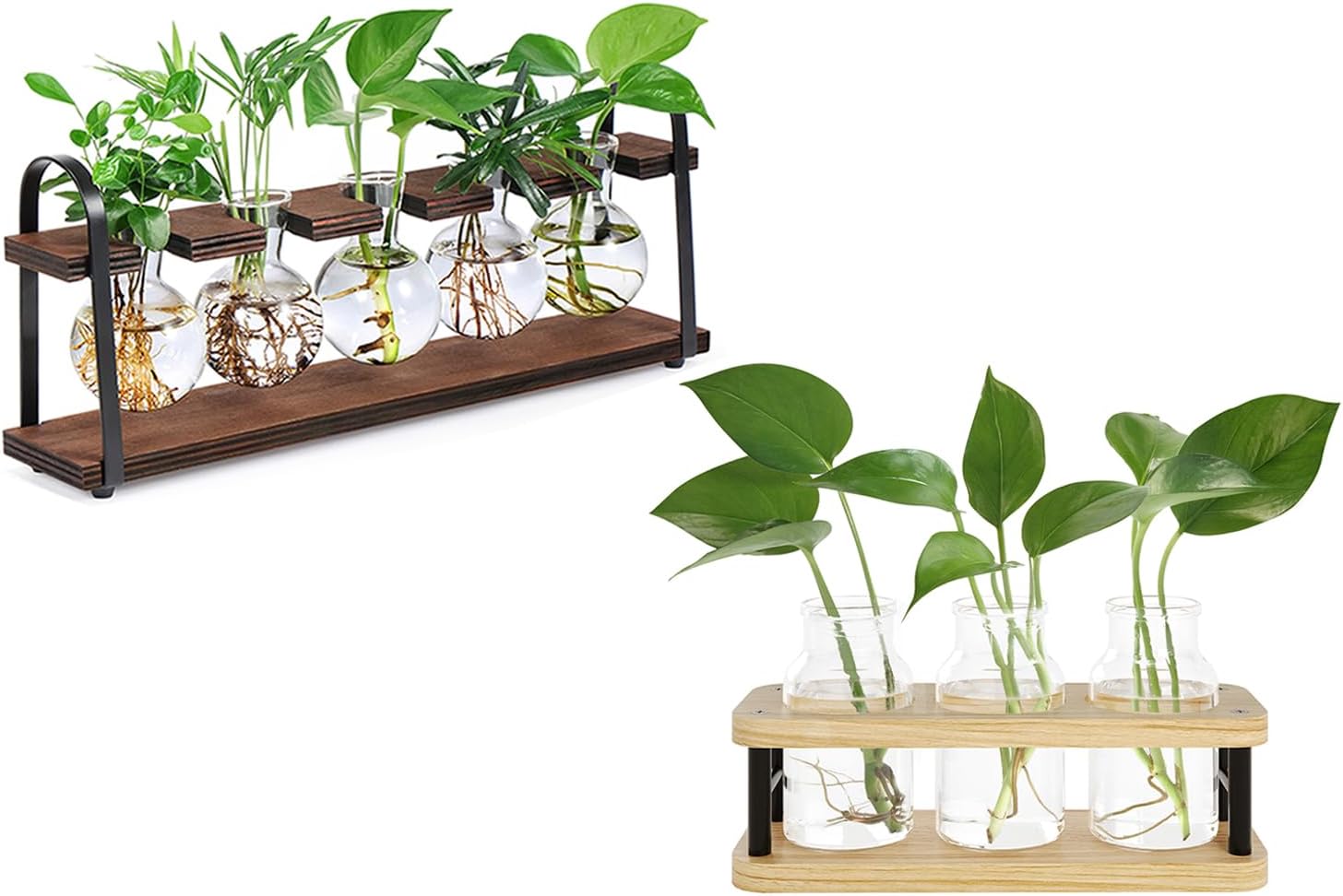 THYGIFTREE Plant Propagation Stations with Wooden Stand, Propagation Vases Glass Planters for Indoor Plants Hydroponic Propagating Jars