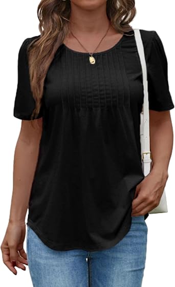 PopReal Women's T-Shirt Pleated Short-Sleeve Crew Neck Loose Fit Tops Casual Summer 2024 Trendy