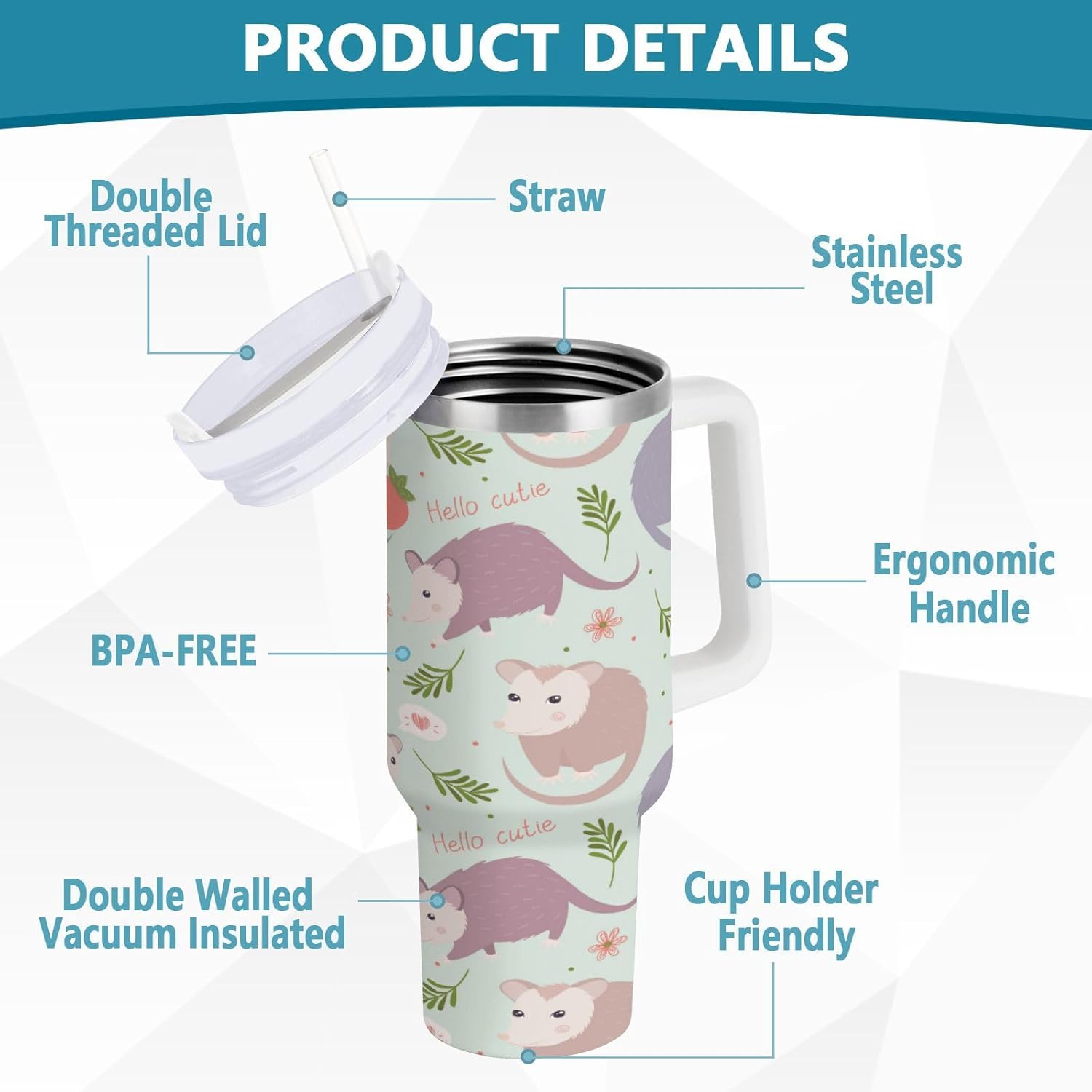 Boccsty Possums Cute Animal Insulated Tumblers Reusable Stainless Steel Tumbler 40 oz Cup Coffee Travel Mug Water Bottle with Handle & Flip Straw for Home Office Car - Image 4