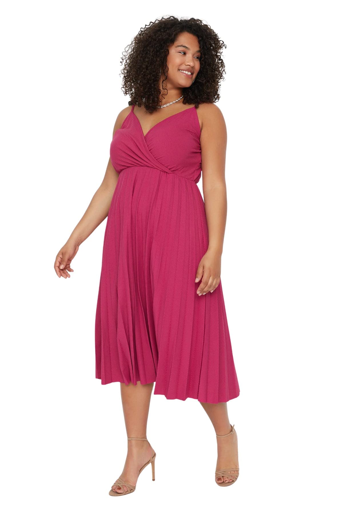 Trendyol Midi Mujer, Corte Holgado, Vestido de Punto, Acampanado, Ajuste Relajado, Talla Grande, Fucsia, X-Large