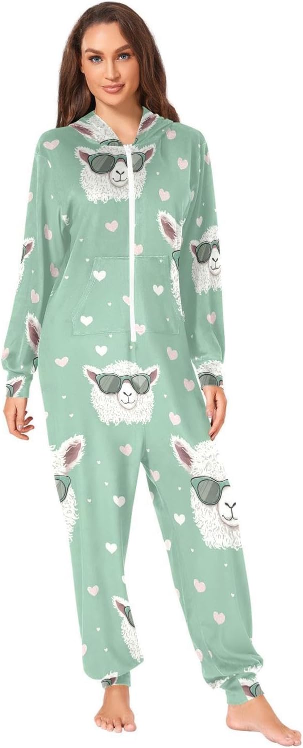 ZZKKO Cute Alpaca Heart Adult Onesie Pajamas for Women Men Cozy One Piece Pajamas Costume Zip-Up Hooded S-XL