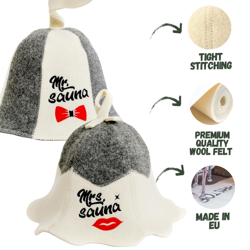 Saunahut 'Mr and Mrs Sauna' White - 100% organische Wollfilzmützen - Schützen Sie Ihren Kopf vor Hitze - Englische Sauna E-Book Handbuch inklusiv - mit Stickerei