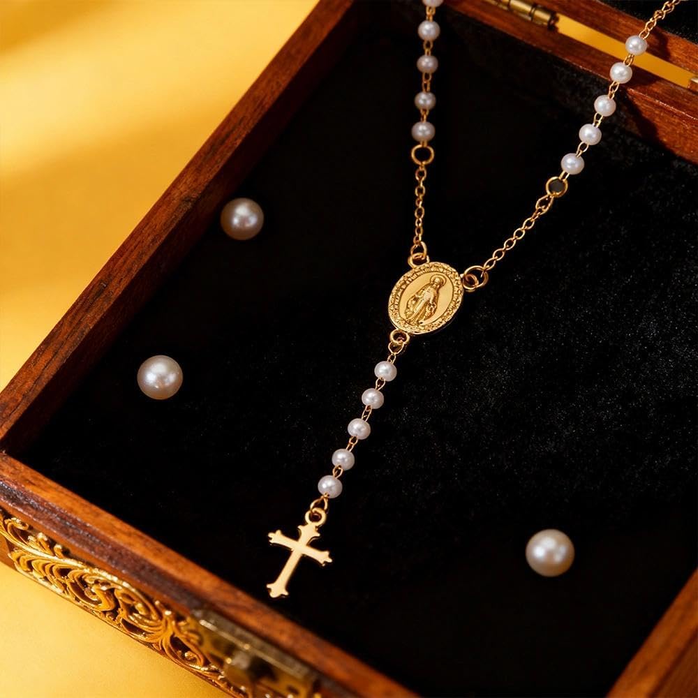 Dainty Gold Virgin Mary Cross Beaded Y Necklace for Women Vintage Rosary White Cross Pearl Pendant Necklaces Religious Statement Neck Jewelry - Image 4