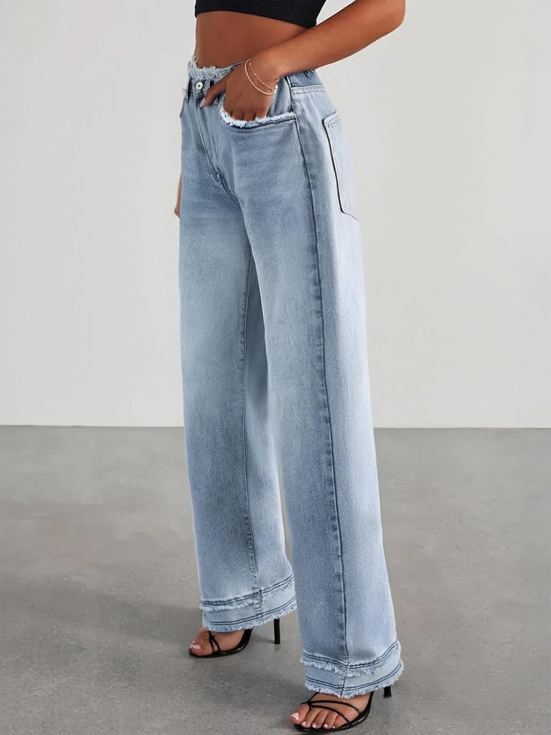 Women's Wide Leg Jeans Stretchy High Waisted Baggy Jeans 2026 Trendy Loose Fit Frayed Raw Hem Denim Pants - Image 2