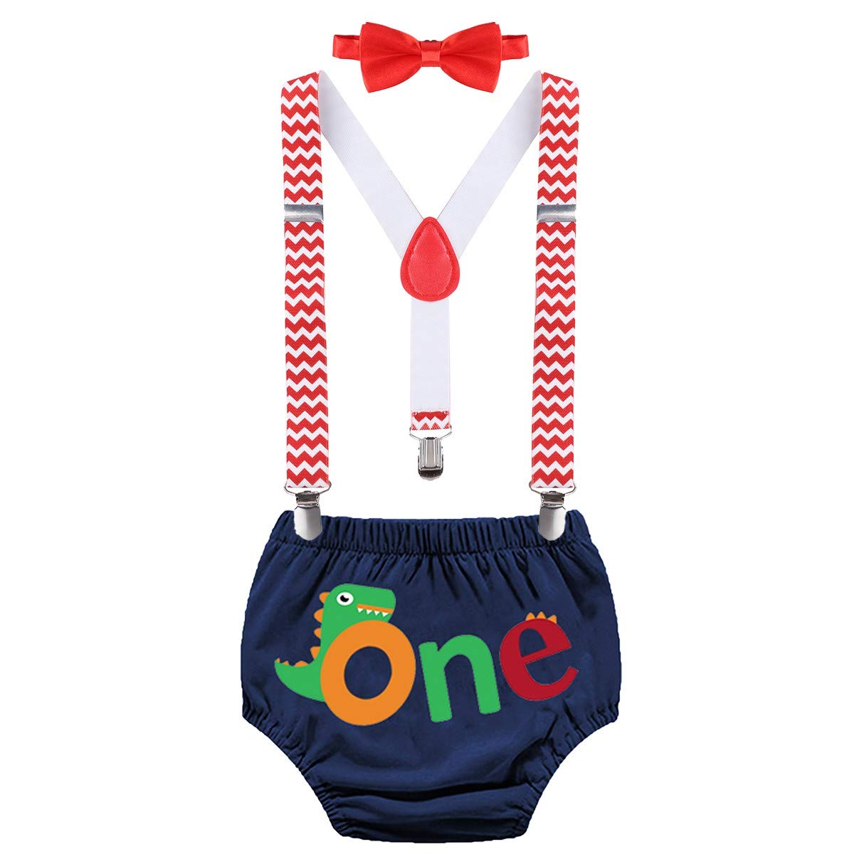 Myrisam Men's 001 Navy Blue Dinosaur Cake Smash Outfit Baby Boys Birthday Photo Prop One Bloomers Suspenders Bow Tie Baby Shower Costume Navy Blue