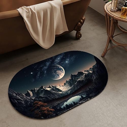 Hermoso paisaje de montaña con luna y estrellas, alfombra de baño súper absorbente de secado rápido, parte inferior de goma antideslizante, fácil de
