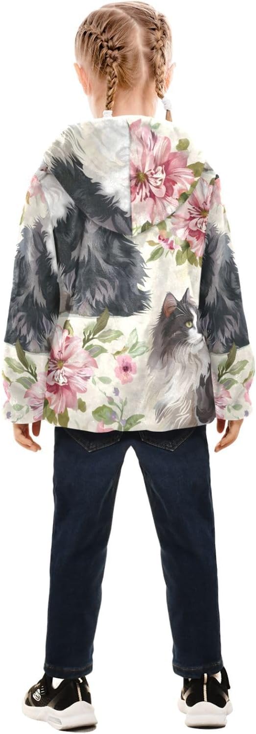 ALAZA Pink Flower and Cat Hoodie Jacket for Girls Toddler Fleece Zip Up Coat Plush Jacket Long Sleeve Outerwear for 3 Years