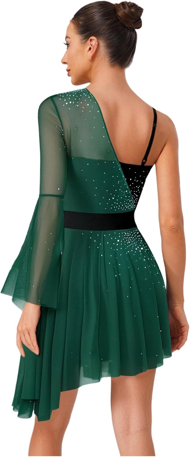 Vxuxlje Womens Ice Figure Skating Costume Rhinestone Color Block Irregular Hem Dress Dancewear