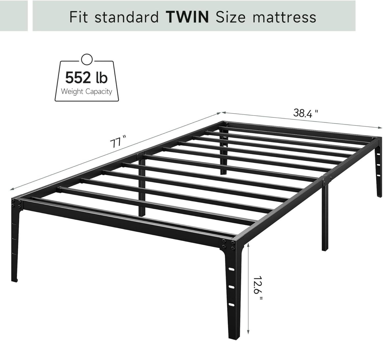 Alkmaar 14 Inch Metal Platform Twin Bed Frame, Steel Slat Support Twin Size Bed Platform, Mattress Foundation, Easy Assembly, No Box Spring Needed, Black
