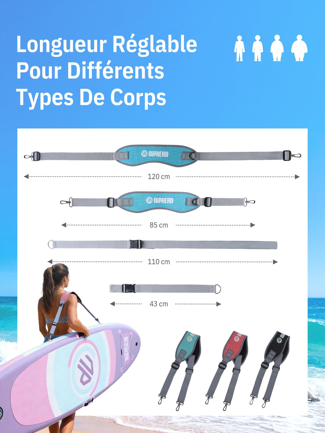 niphean Sangle Paddle, Accessoire Paddle pour Paddle Gonflable, SUP Sangle de Transport Réglable avec Sangle de Serrage pour Kayak, Paddle, Sangles de Planche de Surf avec Bandoulière Matelassée
