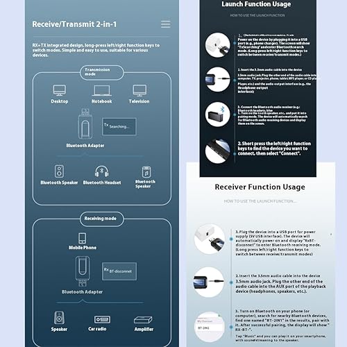 Miniatura 7 de Receptor de transmisor USB Bluetooth 5.0 para TV, adaptador Bluetooth inalámbrico portátil, transmisor de audio Jack de 0.138 in para PC, tarjeta de