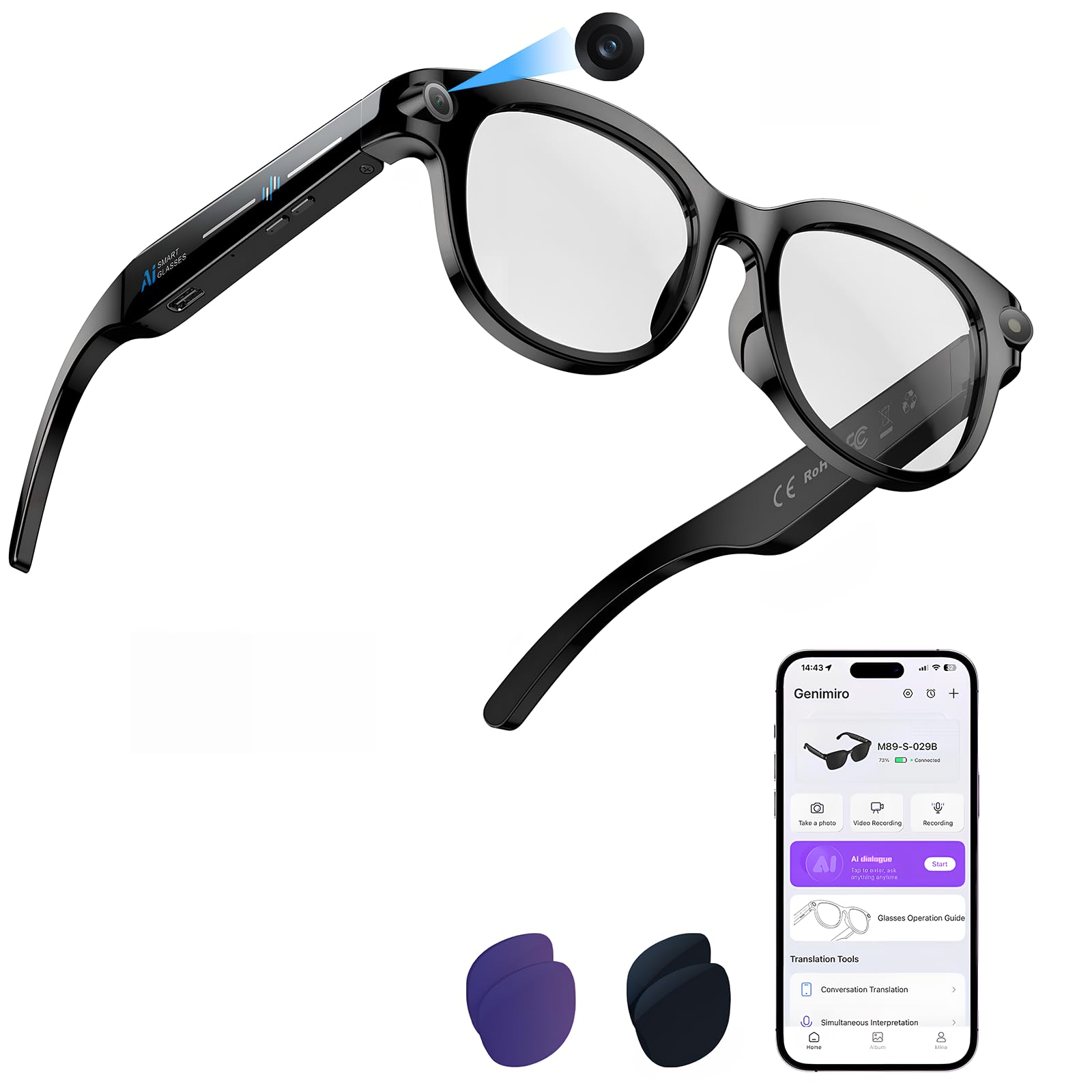 Occhiali Intelligenti con Telecamera 8 MP, Occhiali Smart 3 Lenti Colorate | Registrazione Foto/Video/Audio, Traduzione in Tempo Reale, Assistente Vocale e Riconoscimento Degli Oggetti