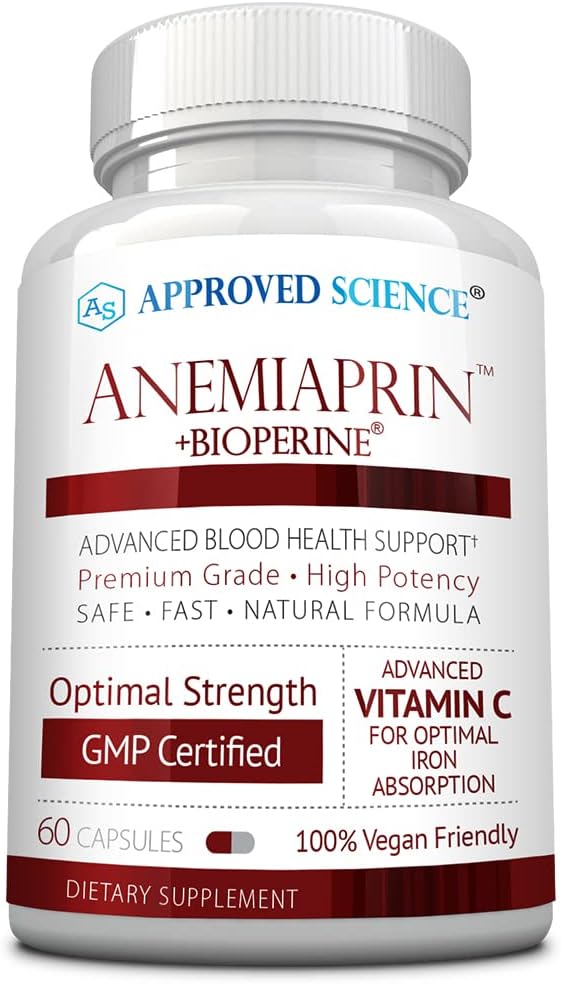 Approved ScienceAnemiaprin - Absorbable Iron, Vitamin C - Gentle On Stomach - 60 Capsules - 1 Month Supply - Non-GMO, Vegan