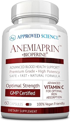 Approved Science Anemiaprin - Hierro absorbible, vitamina C, suave para el estómago, 60 cápsulas, suministro para 1 mes, sin OMG, vegano