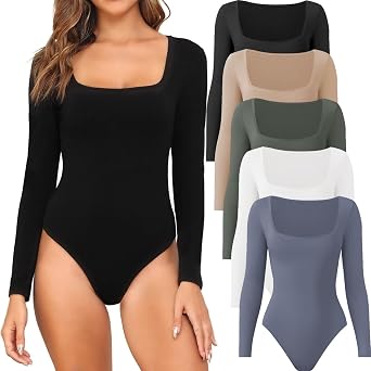 CE CERDR 5 Pack Womens Long Sleeve Bodysuits Square Neck Tops | Stretchy Fitted Body Suits, Ribbed Basic Tee Shirts,Fall Winter Underscrub Layering Clothes, Casual Going Out Work Wear