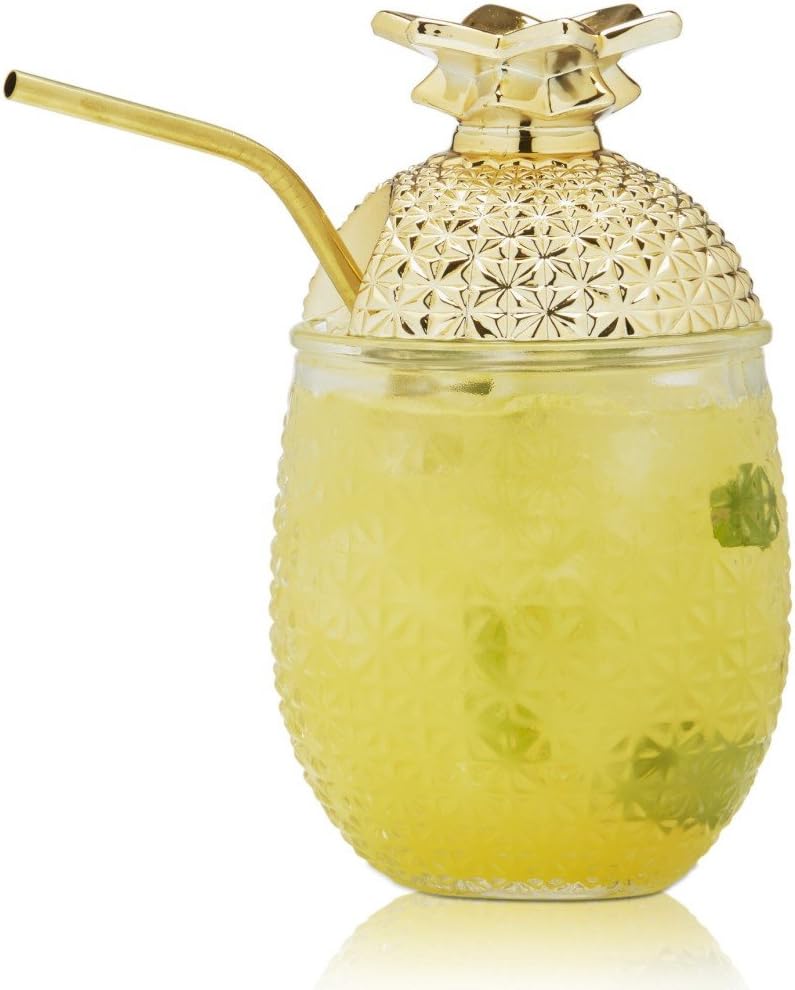 Brilliant - Pineapple Cocktail Glass Cup with Straw and Removable Lid, 15oz. Set of 2