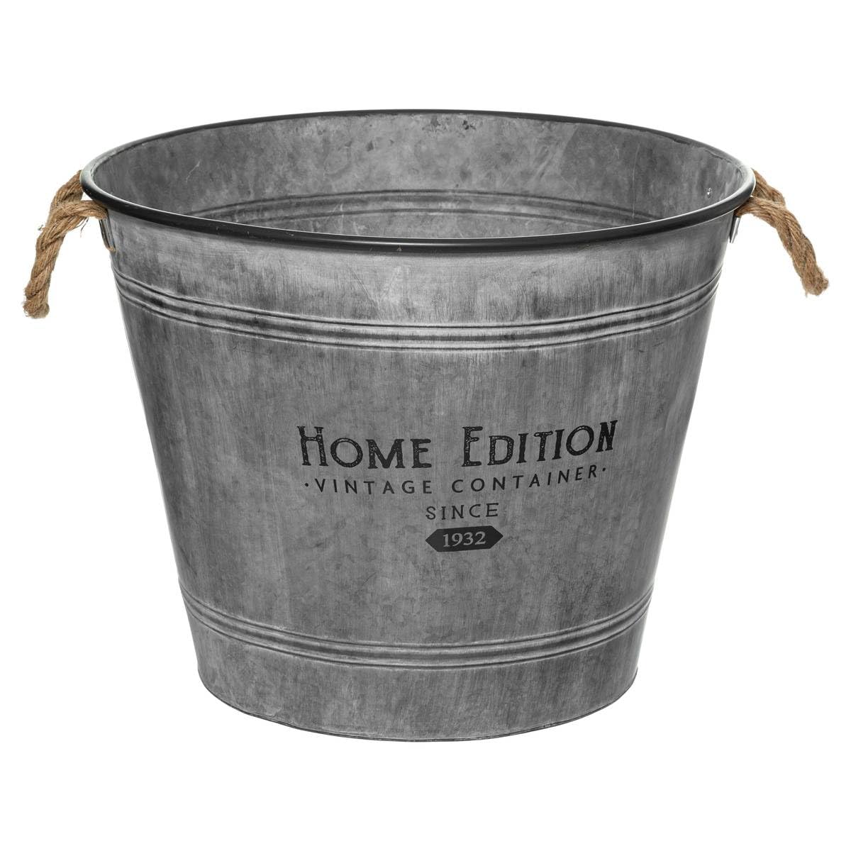 Atmosphera - Grand Pot Décoratif Home Edition - Zinc Gris, D 49.5 cm, Anses en Jute - Style Rétro Vintage, pour Plante ou Rangement