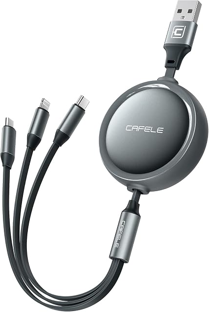 CAFELE [Designed for Car] Retractable Charging Cable, [Streching One Side] 3 in 1 Multi charger Cable with Type C, Micro USB, Phone Port for Phone 14 13 12 11 Samsung