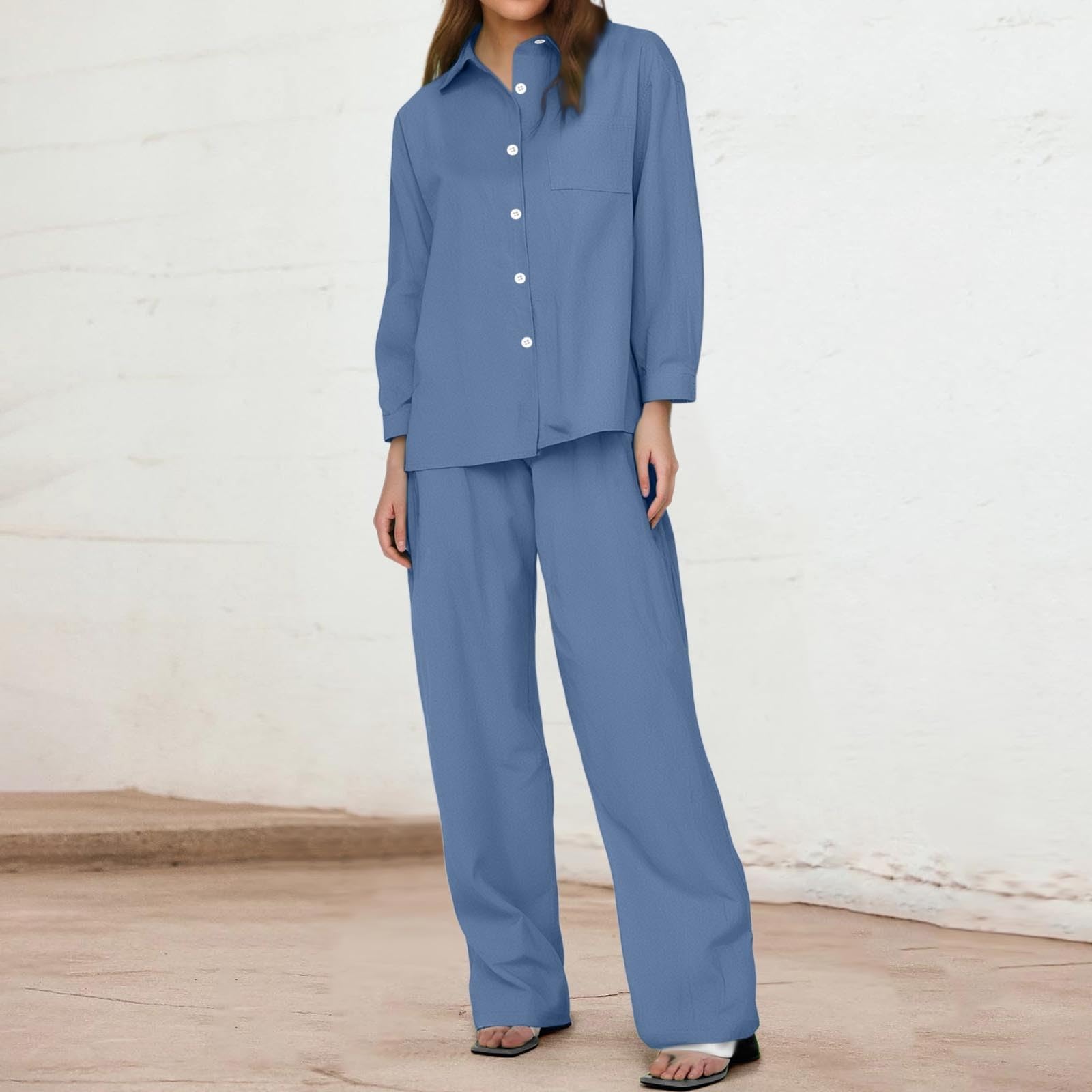 Ropa de lino para mujer, traje de dos piezas de algodón y lino, traje de pantalón de manga larga, cálido, transpirable, traje de ocio, juego de pijama elástico, traje de casa ligero, cintura