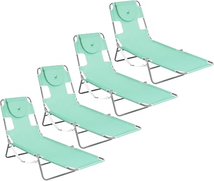 Ostrich Chaise Lounge Outdoor Portable Folding 4-Position Recliner Chair for Beach, Patio, Camp, Pool with Carrying Strap, Teal 4 Pack