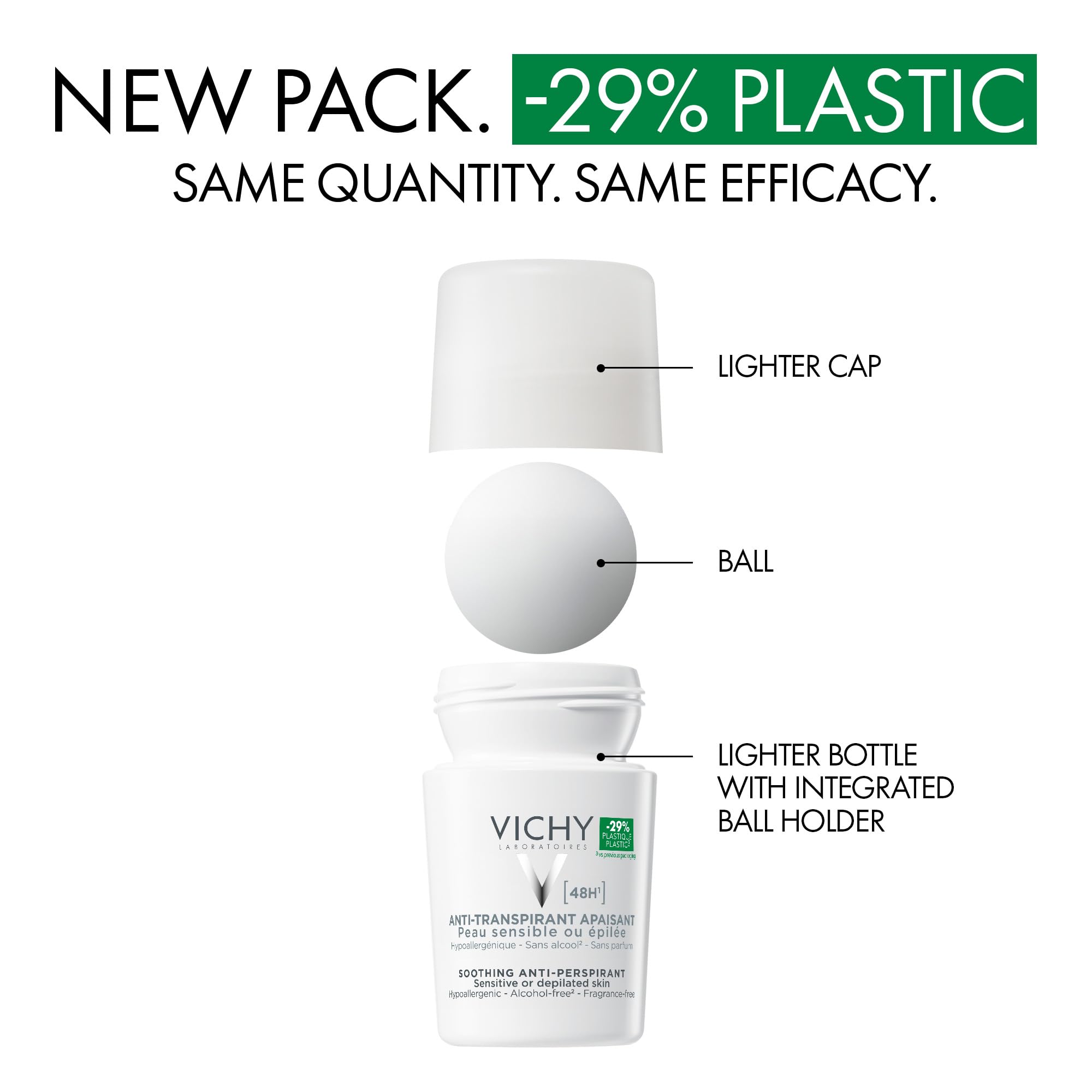 Vichy Soothing 48H Deodorant Roll-On for Sensitive Skin 50ml – Gentle Anti-Sweat & Anti-Odour Protection, Calms Irritation, No White Marks, Alcohol-Reduced Comfort