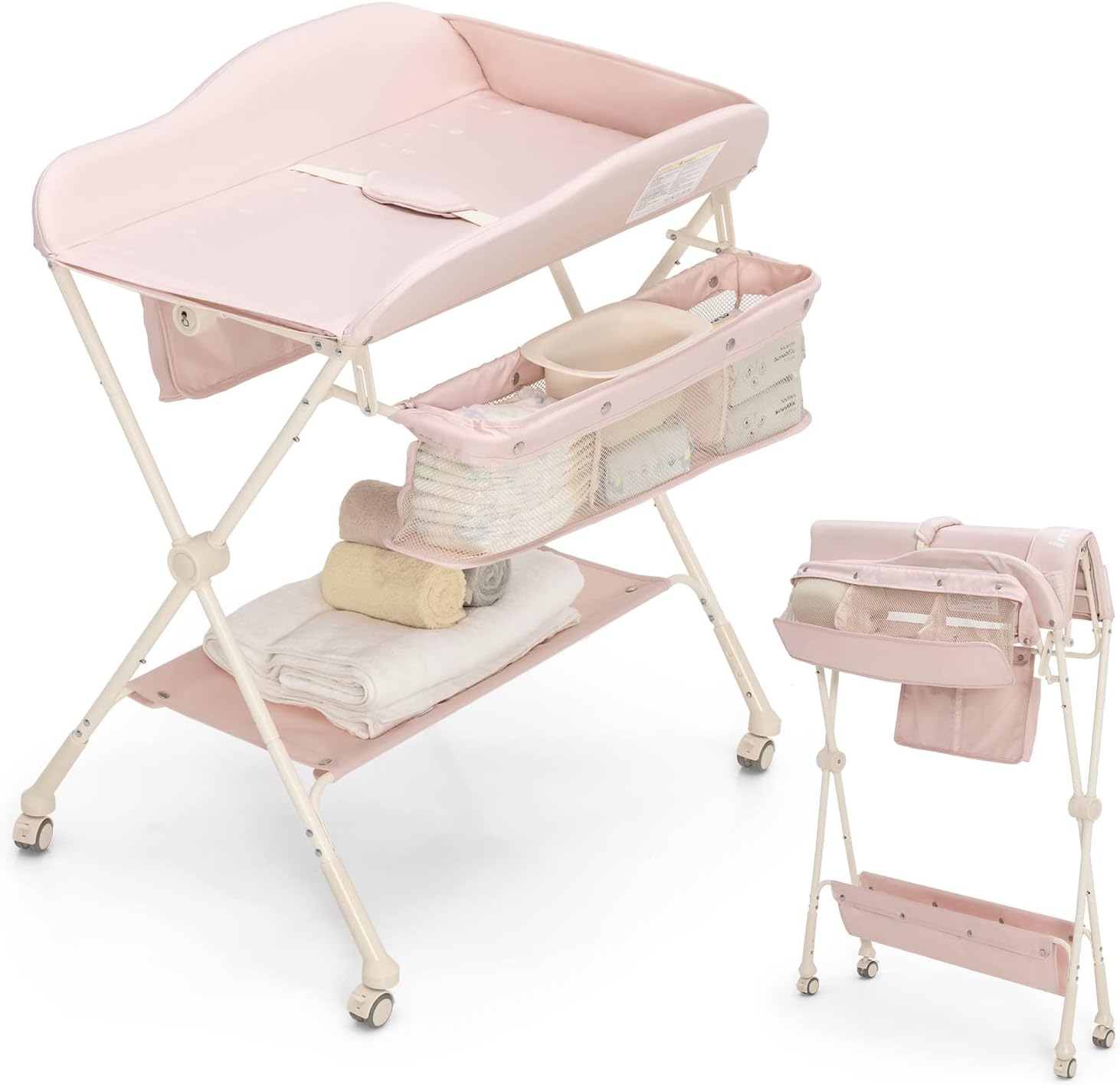 Table à Langer Pliable Réglable En Hauteur (83-91cm) - Avec Rangements, Roulettes Et Harnais - Pour Nouveau-né