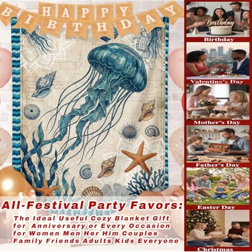 Jellyfish Blanket Gifts for Women Girls Kids Adults, Nautical Ocean Seashell Starfish Soft Cozy Flannel Decor Multi-Use Blankets for Couch Sofa Office Travel Nap Birthday 50"x60" — view 3