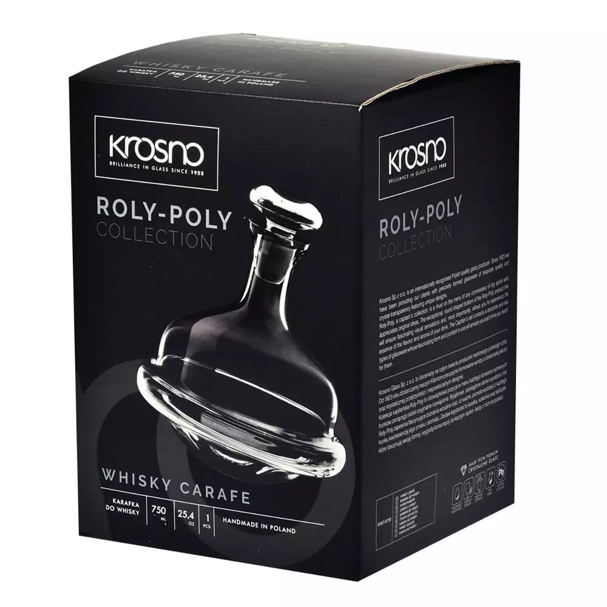 KROSNO Karafka do Whisky i Bourbona Kolekcja Roly-Poly, 750 ml | Szkło Kryształowe Bezołowiowe, efekt bujania się, oryginalny design, delikatne mycie ręczne, prezent