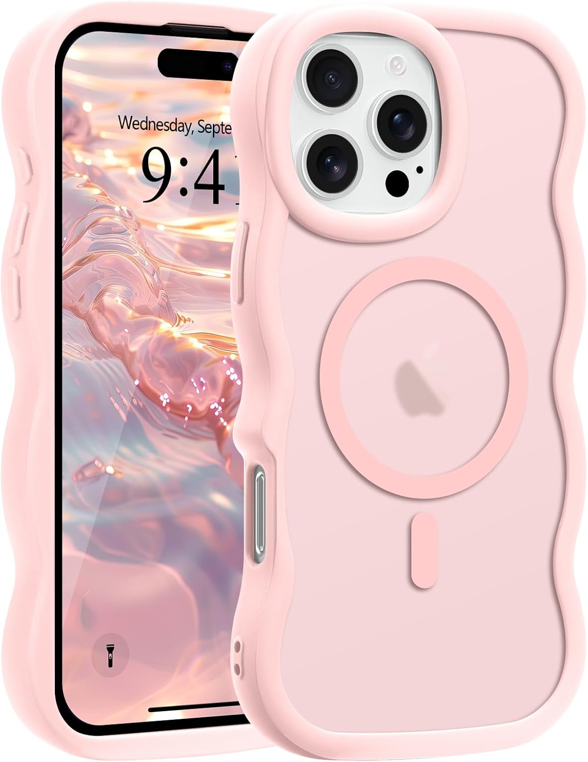 Pepmune for iPhone 16 Pro Max Case, Curly Wavy Frame Hard Translucent Matte Clear Back Cover for Women Men Compatible with Magsafe TPU Bumper Shockproof Phone Case for iPhone 16 Pro Max, Pink