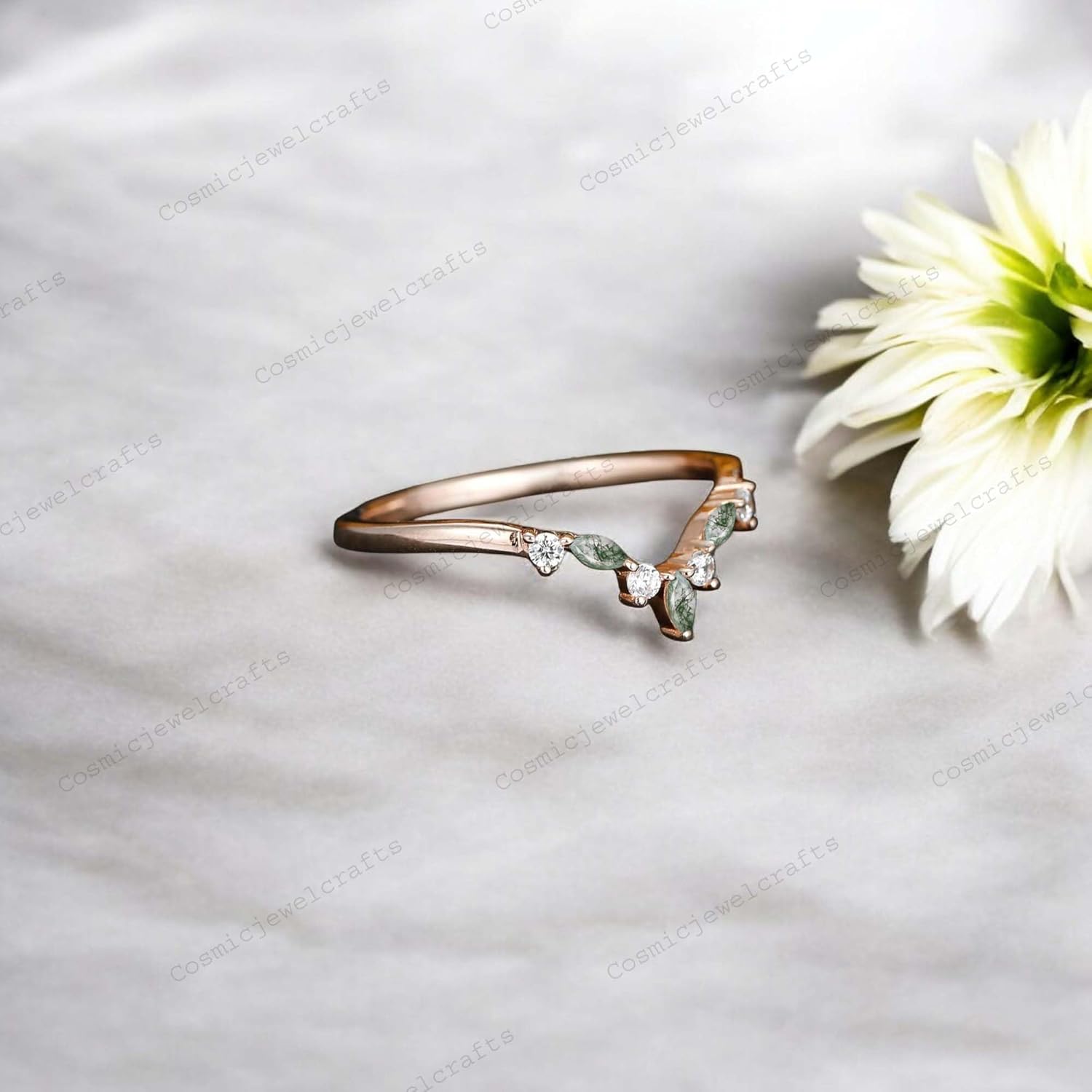 Curved Moss Agate Wedding Band 10k Rose Gold Diamond Band Half Eternity Promise Jewelry for Women Dainty Birthday Gift for Best Friend