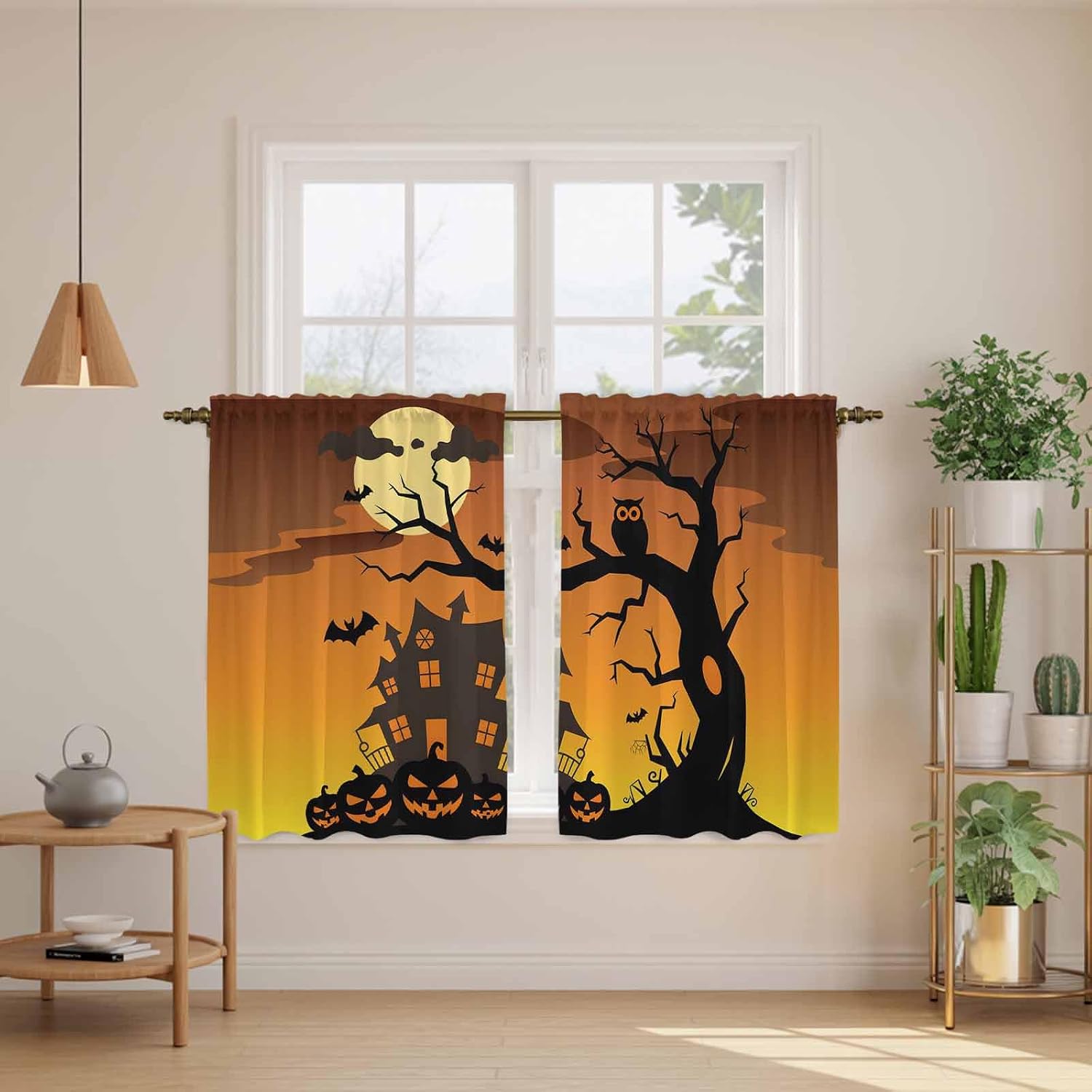 Halloween Kitchen Tier Curtains 45 Inch Long 2 Panel Set, Rod Pocket Short Window Treatment, Pumpkin Castle Owl Moon Tree Orange Light Filtering Curtains & Drapes for Bathroom Basement 27.5"W x 45"L