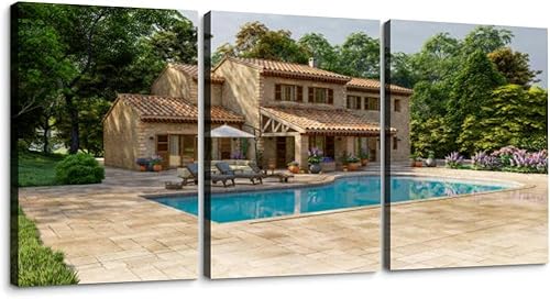 Mediterranean style villa pool and garden 3 Piece Canvas Wall Art for Living Room Bedroom Office Framed Prints Pictures Painting Wall Decor Artwork for Walls Set of 3