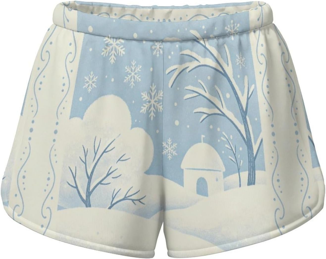 Snowy Cottage Scene Novelty Floral Tropical Print Shorts Ladies Lightweight Loose Holiday Beach Shorts