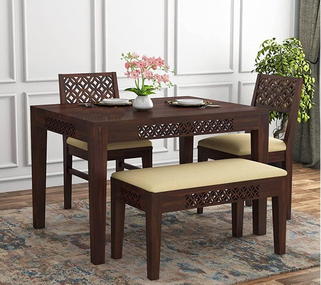 Douceur Furnitures Solid Sheesham Wooden/ 4 Four Seater Dining Table with 2 Chairs and 1 Bench | Finish-Warm Chesnut Finish | Cushions- Cream |