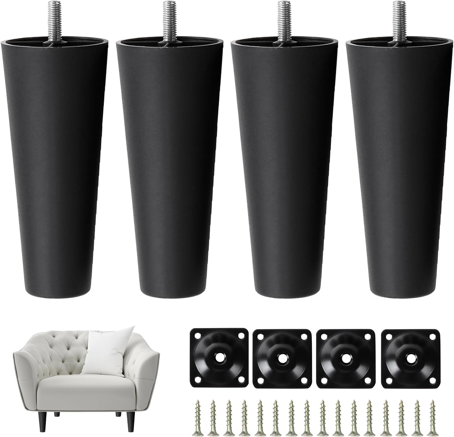 NATGAI Plastic Sofa Legs, 4 Pack 5.7" Couch Legs Replacement Furniture Sofa Legs with Mounting Plates Screws Chair/Couch/Loveseat/Cabinet M8 Thread Compatible for IKEA Or US Made Furniture