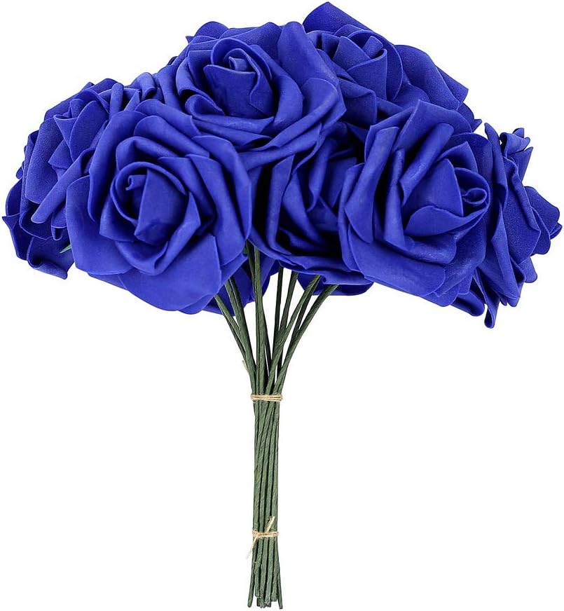 Febou Artificial Flowers, 50 pcs Real Touch Artificial Foam Roses Decoration DIY for Wedding Bridesmaid Bridal Bouquets Centerpieces, Party Decoration, Home Office Decor (Standard Type, Navy Blue)