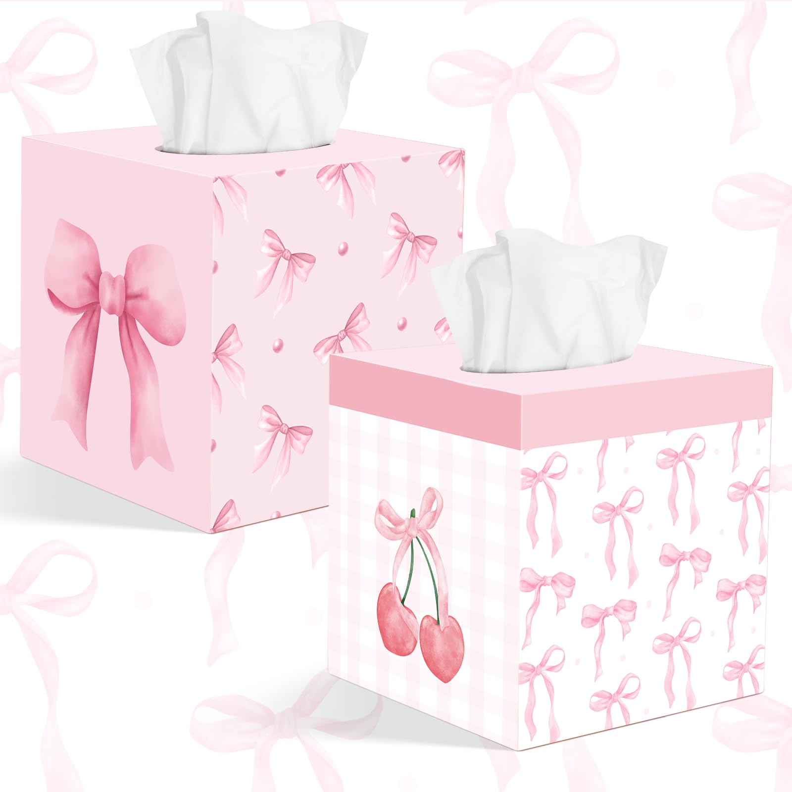 Photo 1 of 2 Pcs Pink Bow Tissue Box Cover 5.9 x 5.9 x 5.9 Inch Wooden Coquette Bow Decorative Tissue Box Holder Square Paper Towel Holder Cube Boxes Funny Cube Case for Home Pink Party Decorations Supplies