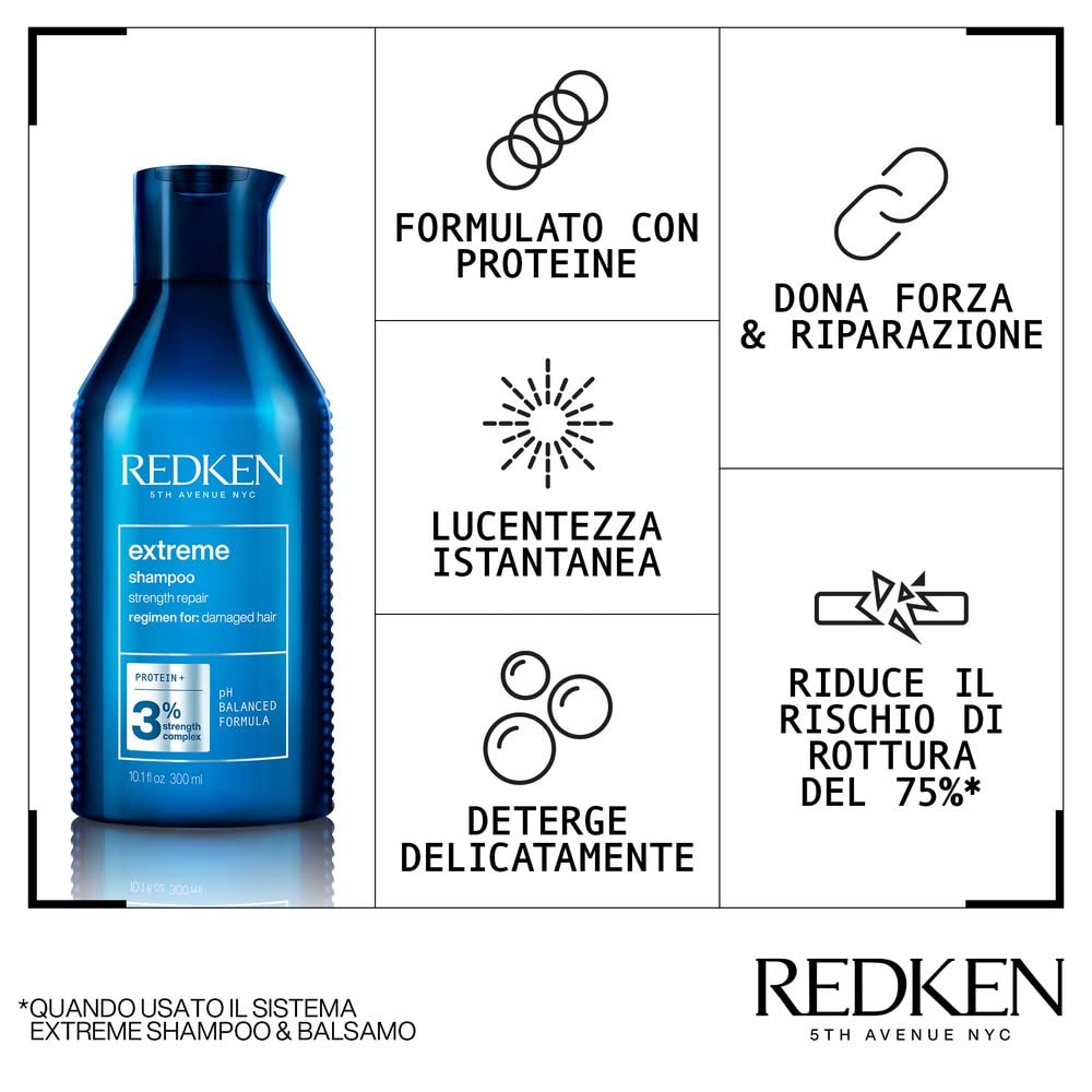 Redken Extreme Shampoo 300Ml + Balsamo 300Ml + Anti-Snap 250Ml | Kit Professionale, Ripara i Capelli Danneggiati e Contrasta le Doppie Punte
