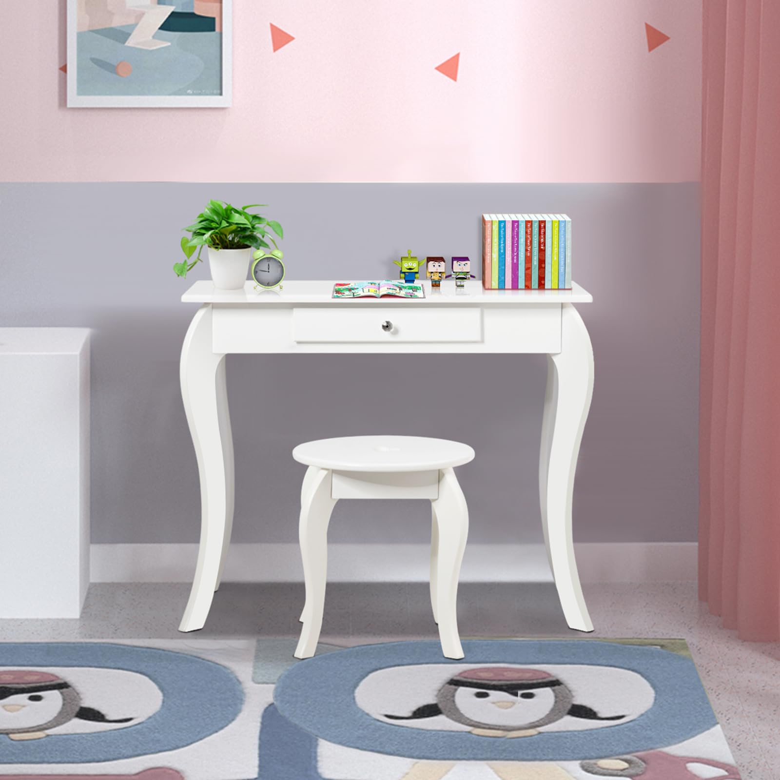 COSTWAY Tocador con Taburete y Espejo para Niña de Madera 70x57x105 centímetros Mesa de Maquillaje con Cajón (Blanco)
