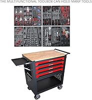 Vista 5 de PULLAFUN Carrito de herramientas rodante con caja de herramientas de 4 cajones, baúl de herramientas con ruedas y parte superior de madera, armarios