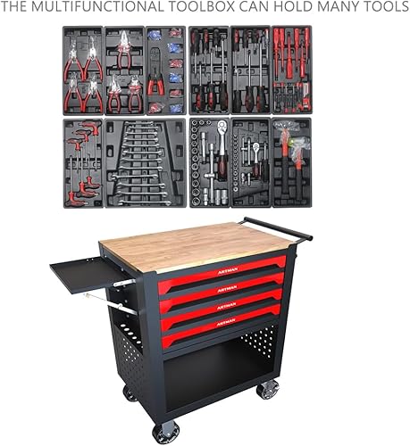 Miniatura 5 de Carrito de herramientas rodante con caja de herramientas de 4 cajones, baúl de herramientas con ruedas y parte superior de madera, armarios
