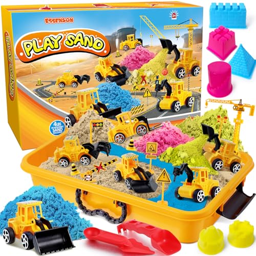 ESSENSON Sensory Bin - Play Sand Kit with Construction Set Toy Truck and 4lbs Magical Sand, Pretend Play Beach Sensory Toy Sandbox, Kids Gifts for Girls and Boys