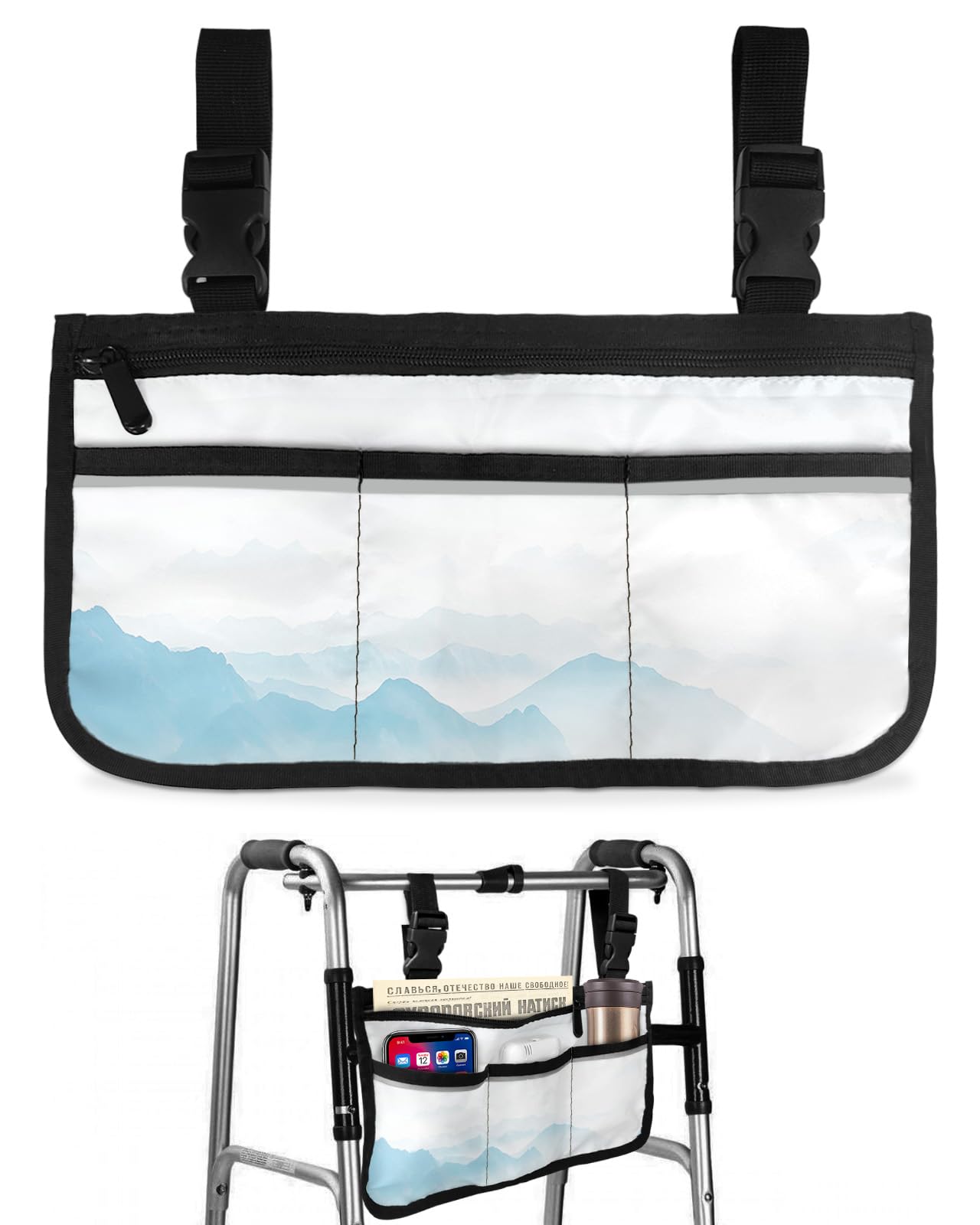Blue Ombre Wheelchair Side Bag Walker Bag, Mountain Nature Landscape Wheelchair Accessories Armrest Pouch, Organizer Storage Bag for Walkers, Rollators, Scooters, 7.3''x13''