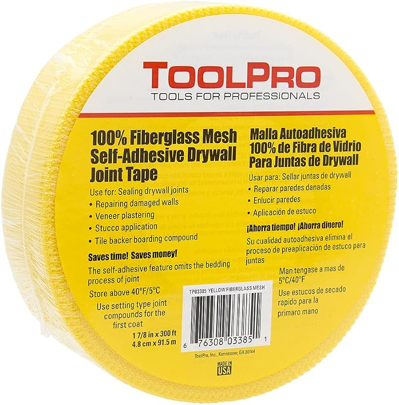 ToolPro Self-Adhesive Fiberglass Mesh Drywall Tape - High-Visibility Yellow Joint Tape for Sealing Cracks and Repairs, Made in USA