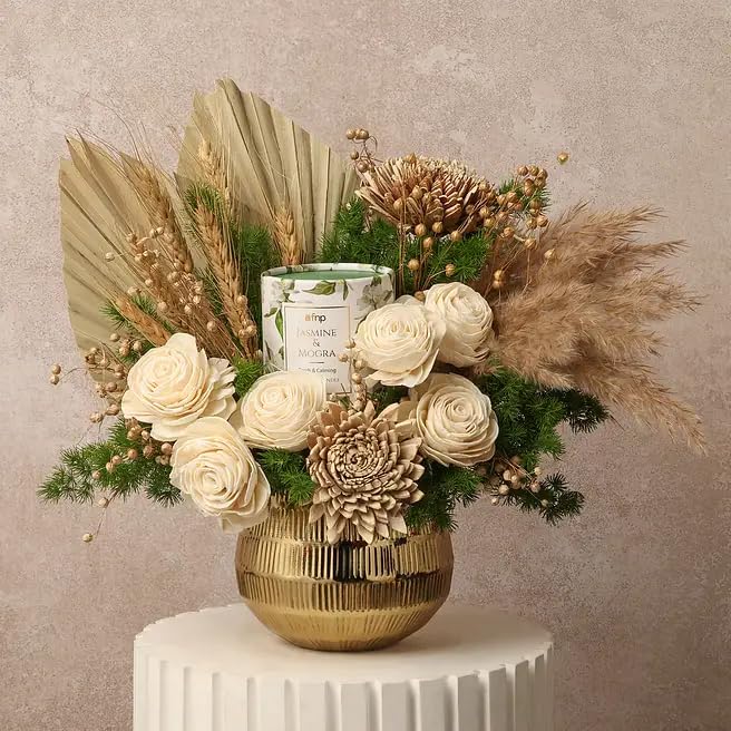 FNP Sola Bloom Dried Floral Arrangement with Jasmine Mogra Candle | Gold Hammered Metal Pot, Pampas & Palm Fillers, 25 x 18 cm Size, Dried Wheat Stalk Filler, Includes Scented Candle-image-12