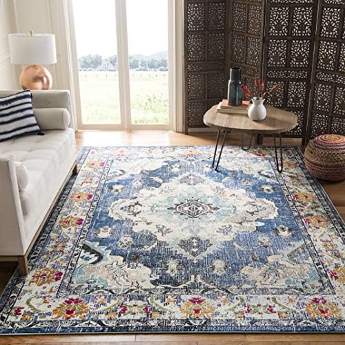 SAFAVIEH Monaco Collection Area Rug - 8' x 10', Navy & Light Blue, Boho Chic Medallion Distressed Design, Non-Shedding & Easy Care, Ideal for High Traffic Areas in Living Room, Bedroom (MNC243N)