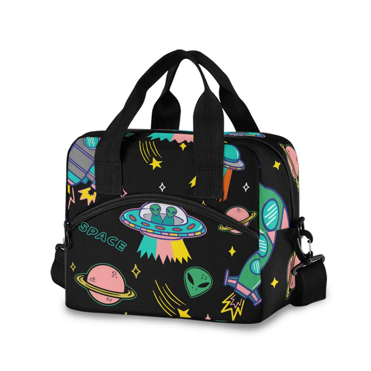 OREZI Insulated Lunch Tote Bag for Adult Men Women,UFO Aliens Spaceship Planet Kid's School Lunchbox with Detachable Shoulder Strap for School Office Fishing