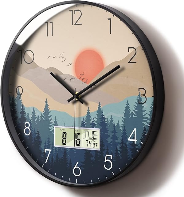 Silent Digital Clock Wall with Date and Week Temperature Wilderness with Sunset Non-ticking Battery Operated Outside Thermometer Clock LCD Display for Kitchen Farmhouse Bathroom Office Shower 12 Inch