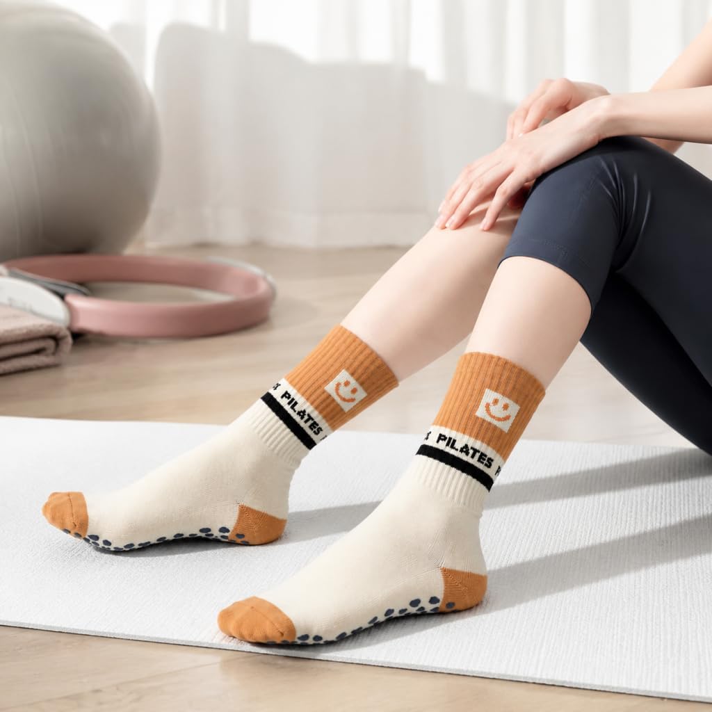 Smiley Face Series Yoga Pilates Socks for Women, Premium Non Slip Grip Crew Socks for Barre, Dance, Workout & Studio Training